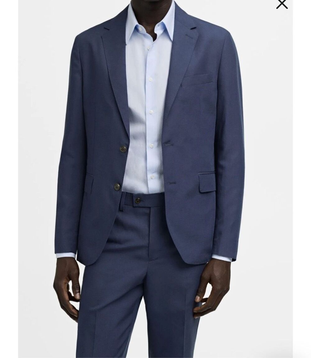 MNG by Mango Slim Fit Linen Lyocell Blazer Jacket Blue 38 NWT